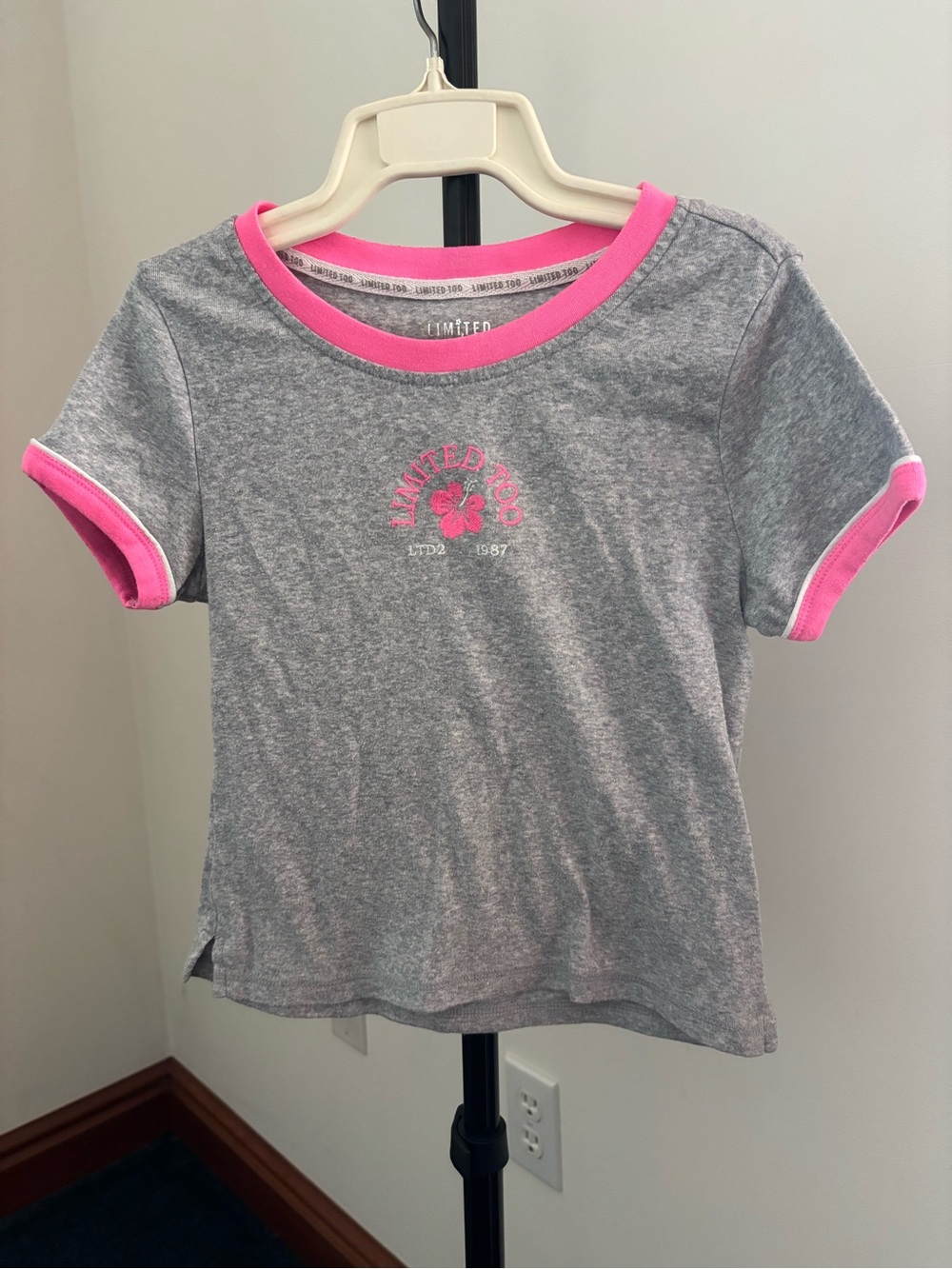 Limited Too Heather Gray Tee with Hot Pink Trim and Floral Chest Logo